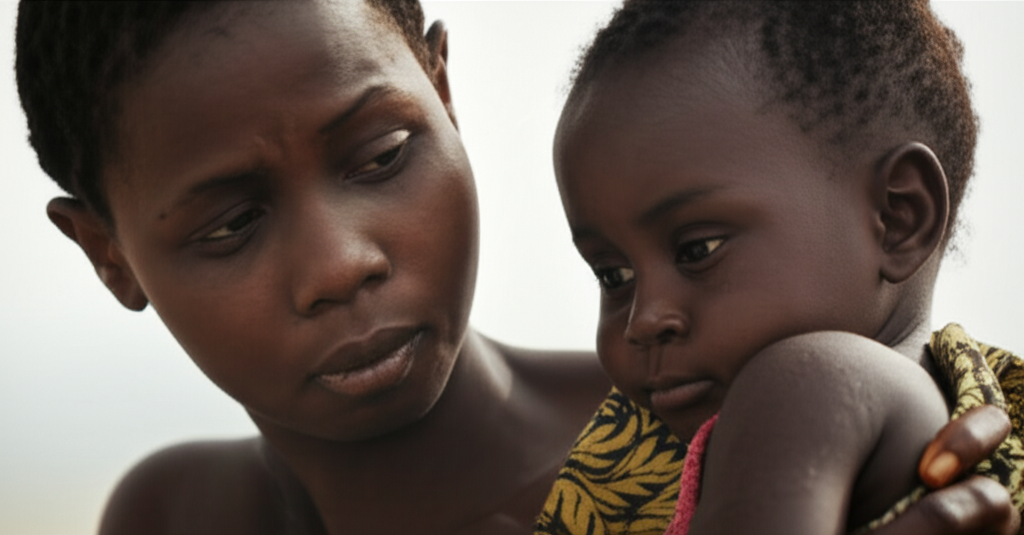 Mãe segurando seu filho desnutrido, em preto e branco