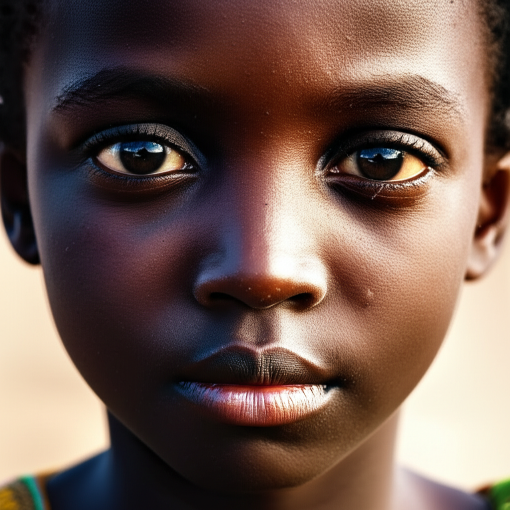 Rosto de uma criança africana olhando para a câmera com um olhar de esperança